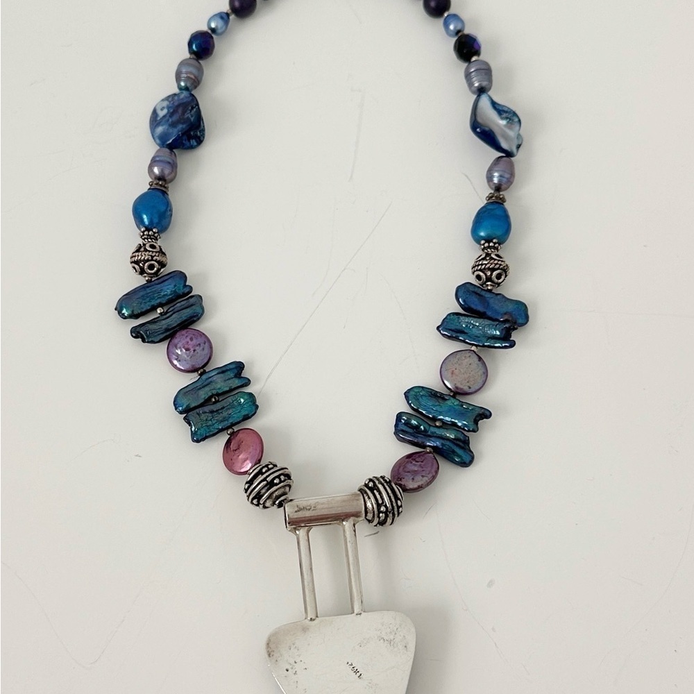 Genuine Sterling Silver Necklace, Blue & Pink Pearls, Dichrioc Glass Pendant - Picture 10 of 11